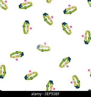 pattern green dog collar with pink polka dots, black buckle, metal d ring and dangling pink heart tag playful pet accessory for walking, training and Stock Vector