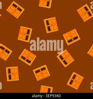 pattern orange double garage door flat vector illustration showing a classic residential entrance with panel windows, closed for security, seamless on Stock Vector