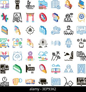Collection of colorful line art and isometric icons, depicting a wide range of everyday objects, activities, services, and abstract concepts for moder Stock Vector