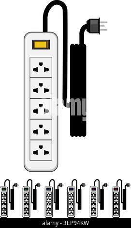 Power strip providing multiple electrical outlets, featuring a master switch for convenient control and distributing electricity to various electronic Stock Vector