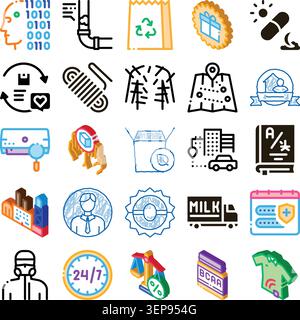 Assortment of linear and isometric glyph icons illustrating diverse concepts including artificial intelligence, recycling, logistics, healthcare, prod Stock Vector