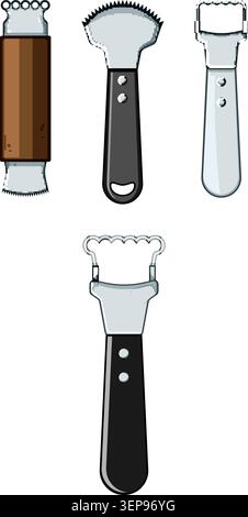 Tools are essential kitchen utensils for preparing coconuts, offering various designs for efficient scraping and grating of coconut meat for culinary Stock Vector