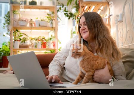 Woman works remotely from her cozy bed with a laptop, while an affectionate red cat sits comfortably on her lap. The warm atmosphere includes many pla Stock Photo