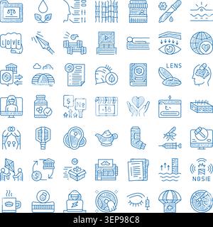 Set of hand drawn doodle style icons for business, health, social, love, and nature concepts, featuring diverse symbols representing various themes an Stock Vector