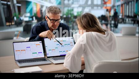 Two Business Professionals Collaborate On Software Workflow Automation Project. Stock Photo