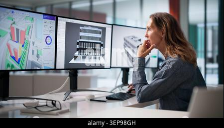 Experienced Architect Studies 3D City Model On Multiple Computer Screens. Stock Photo