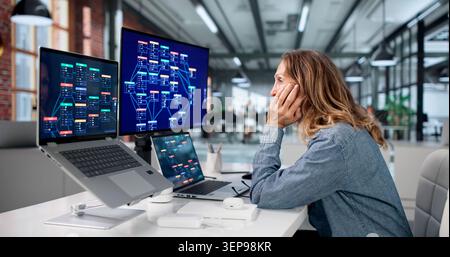Woman Frustrated With Slow Low-code Platform Struggling On Laptop. Stock Photo