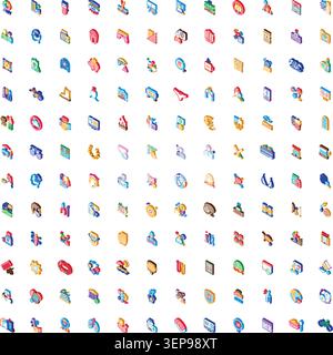 Large organized collection of colorful isometric icons showcasing numerous objects and abstract concepts suitable for digital design, user interfaces, Stock Vector