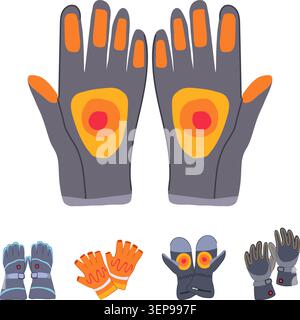 Collection of different insulated gloves and mittens, illustrating heating technology for cold weather sports and activities, providing warmth and com Stock Vector
