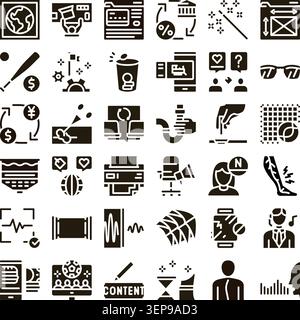 Set of diverse glyph icons illustrating global business, financial transactions, digital media, healthcare, and various technology concepts in a grid Stock Vector