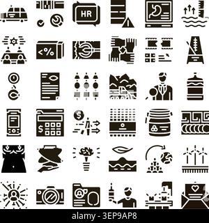 Glyph icon set depicting a wide variety of business, digital, medical, and environmental concepts, including transport, human resources, finance, comp Stock Vector