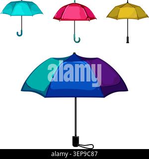 Group of vibrant, colorful umbrellas in various sizes and hues, open and isolated on a clean white background, offering rain protection and weather re Stock Vector