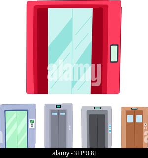 Set of different cartoon elevator doors offering diverse entrance designs for vertical transport, illustrating modern building accessibility and inter Stock Vector
