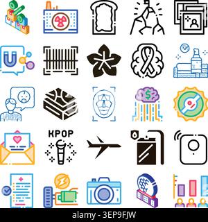 Set of colorful and outline icons illustrating various themes including technology, data, communication, health, business success, entertainment, and Stock Vector