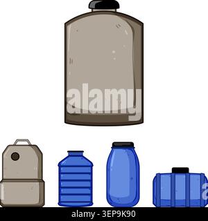Various plastic containers displaying different shapes and volumes, including a large storage tank, refillable bottles, and smaller liquid jugs for st Stock Vector