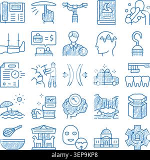 Hand drawn blue sketch style doodle icons set depicting various lifestyle and business symbols, representing concepts like communication, education, h Stock Vector