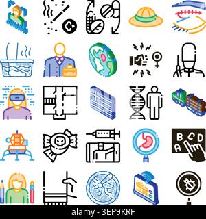 Collection of simple line and isometric icons representing many themes including health, travel, technology, education, science, and business, isolate Stock Vector