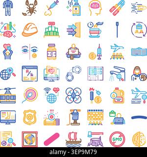 Set of colorful linear icons illustrating a wide range of subjects including technology, health, industry, travel, justice, and more, suitable for mul Stock Vector