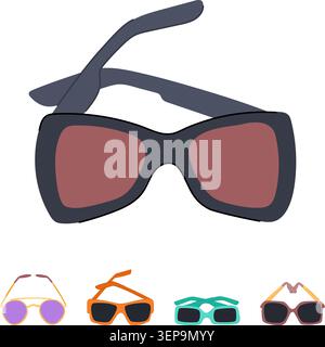 Various trendy eyewear designs including a large dark pair and three smaller colorful options, illustrating diverse styles and fashion accessories for Stock Vector