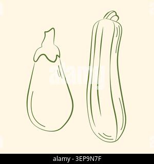 Hand-drawn eggplant and zucchini in line art sketch style for grocery shop, farmers market, summer packaging, cooking ingredients Stock Vector