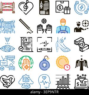 Collection of conceptual and minimalist linear icons depicting various abstract concepts related to business, health, relationships, communication, an Stock Vector