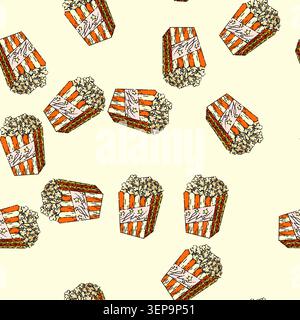 pattern popcorn hand drawn vector. pop corn, cinema movie box, food bucket, film snack, red bag container popcorn sketch illustration Stock Vector