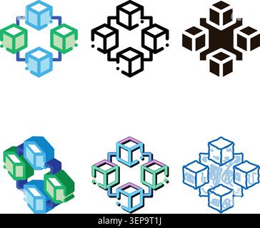 Blockchain Artificial mix Intelligence Vector Icon Sign Thin Line. Artificial Intelligence Details Cubes In Element Linear Pictogram. Fingerprint, Mic Stock Vector