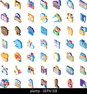 Isometric icon collection presenting a diverse range of concepts covering daily life, essential services, business operations, and technological advan Stock Vector