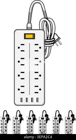 White power strip offering expanded electrical connectivity and convenient charging solutions for various devices, featuring multiple ac outlets and i Stock Vector