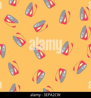pattern label tin can cartoon. kitchen pantry, aluminum packaging, ning tuna label tin can sign. seamless vector illustration Stock Vector