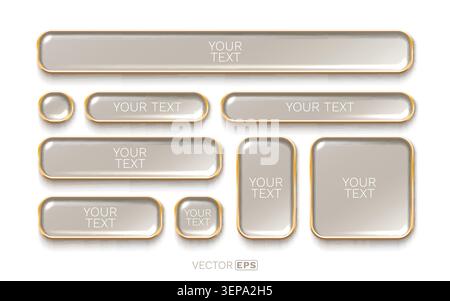 A set of elegant gold-bordered glossy buttons in various shapes for modern UI design. Vector illustration Stock Vector