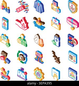 Flat isometric icon set featuring colorful business, finance, technology, communication, service and nature concepts for apps, uiux, infographics, mar Stock Vector