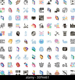 Collection of conceptual flat and isometric line icons illustrating various themes including finance, technology, health, education, transport, and co Stock Vector