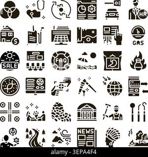 Assortment of diverse black universal glyph icons representing various business, lifestyle, technology, medical, social, and environmental concepts, f Stock Vector