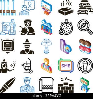 Collection of diverse line style icons representing data analysis, health, environment, food, technology, automation, ai, magic, manufacturing and eve Stock Vector