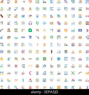 Large colorful flat vector icon set covering business, tech, health, environment, food, travel and everyday servicesversatile symbols for apps, web, u Stock Vector