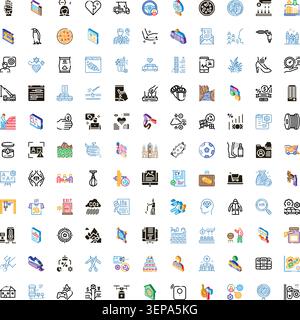 Set of colorful flat vector icons on white background depicting technology, business, nature, food, health and everyday concepts for web, apps, ui and Stock Vector