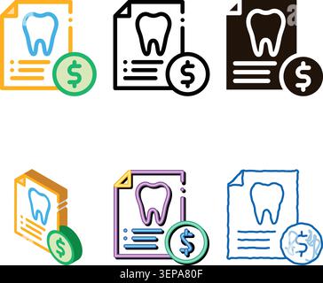 Dentist Stomatology List Vector Thin Line Icon. Tooth On Paper List And mix Dollar Coin, Tool And Device Linear Pictogram. Chairside Assistance Dental Stock Vector