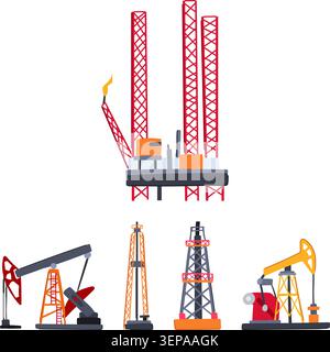 Oil and gas industry concept with various drilling rigs, platforms, and pumpjacks illustrating the extraction of fossil fuels for energy and power pro Stock Vector