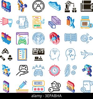 Collection of colorful glyph isometric and linear icons illustrating various concepts across business, technology, healthcare, finance, gaming, and co Stock Vector