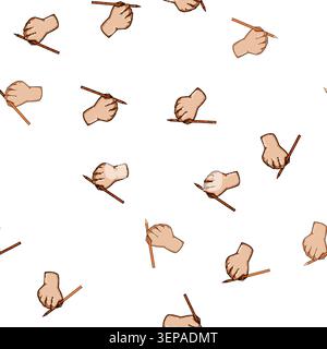 pattern Human hand gripping a wooden pencil poised to write or sketch on a white background, symbolizing education, creativity, learning, note taking, Stock Vector