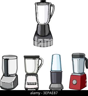 Collection of five different electric kitchen blenders with pitchers and bases, representing various designs for mixing and processing ingredients in Stock Vector