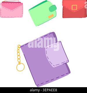 Collection of colorful cartoon wallets and coin purses in flat vector style, representing finance, saving, shopping, cashless payment, budgeting and p Stock Vector