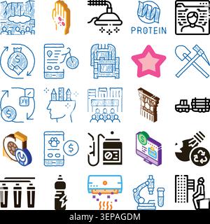 Doodle style icon set depicting finance, health, technology, education, industry, energy and environment concepts for business, science, sustainabilit Stock Vector