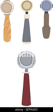 Collection of portafilter coffee accessories illustrating diverse designs, providing essential equipment for brewing rich espresso drinks in a home or Stock Vector
