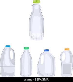 Group of clear and white plastic bottles and jugs with colorful caps, showcasing different common beverage packaging designs on a clean white backgrou Stock Vector