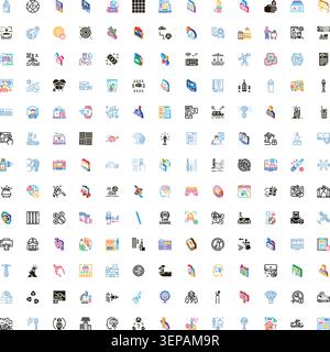 Large collection of diverse line and flat color icons representing concepts related to business, technology, finance, travel, health, transport, educa Stock Vector