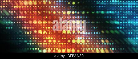 Big data visualization concept. Neon LED matrix pattern with motion light streaks and illuminated circles. Stock Photo