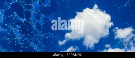 Cloud computing network concept. Digital geometric mesh connecting over a bright blue sky with natural clouds, wide banner background. Stock Photo