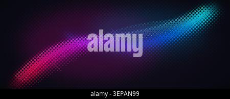 Cyberpunk neon glowing wave on dark background. Futuristic digital LED screen texture, wide web banner. Stock Photo